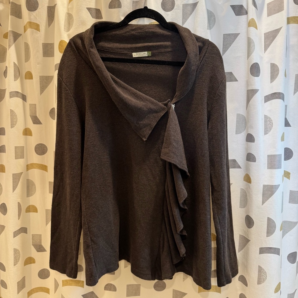 Brown Draped Zipped Sweater with Ruffle Detail
